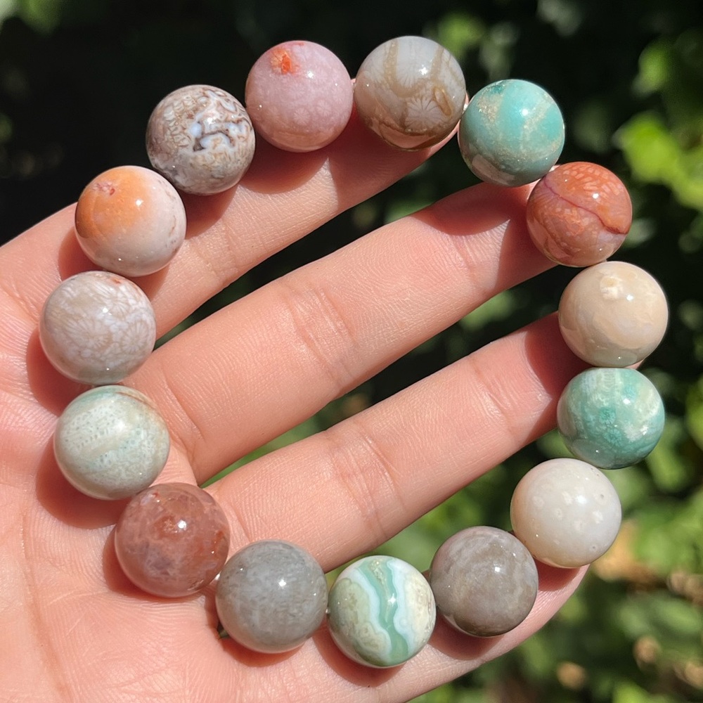 14mm‎ stretchable rainbow color coral jade bracelet 1868